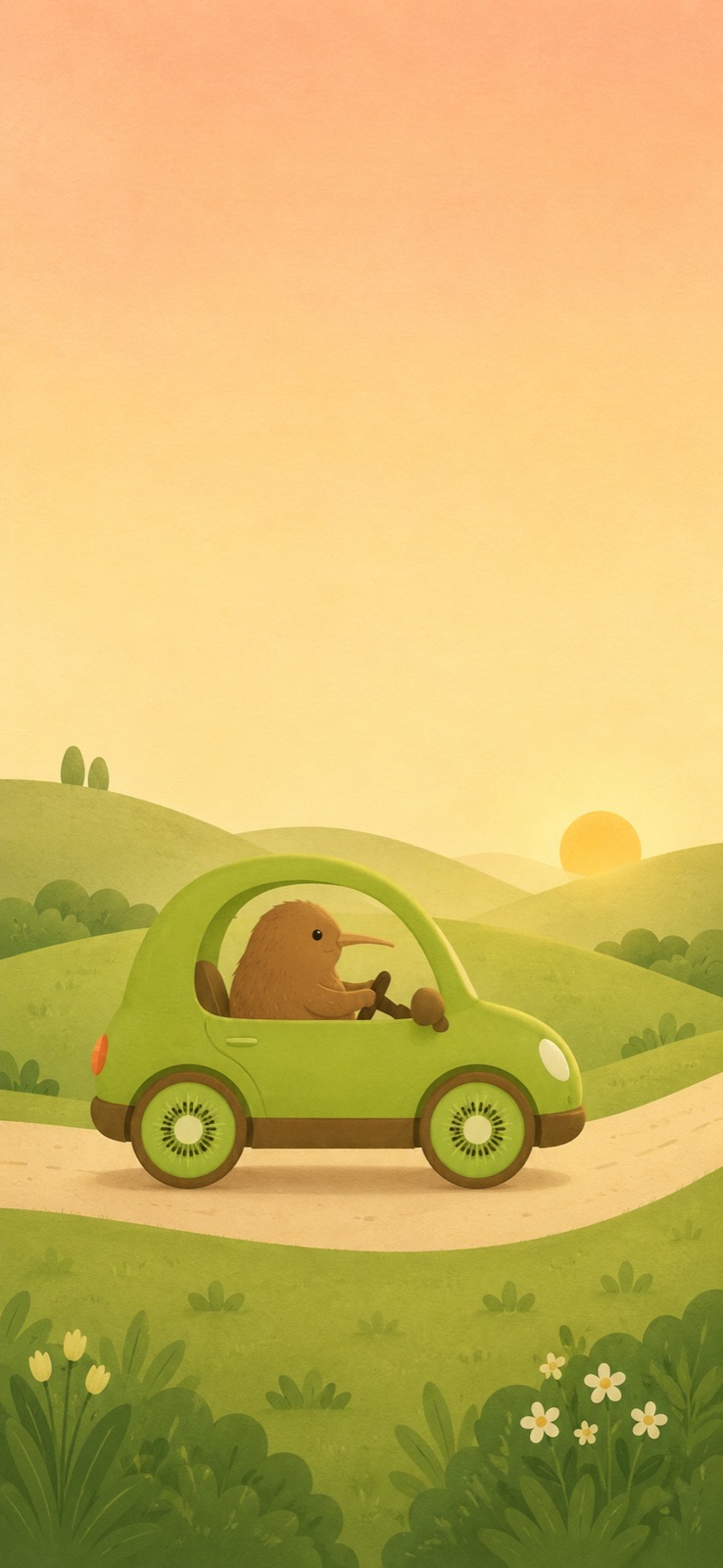 Illustration eines Kiwis, der bei Sonnenuntergang ein grünes Auto durch goldene Hügel fährt